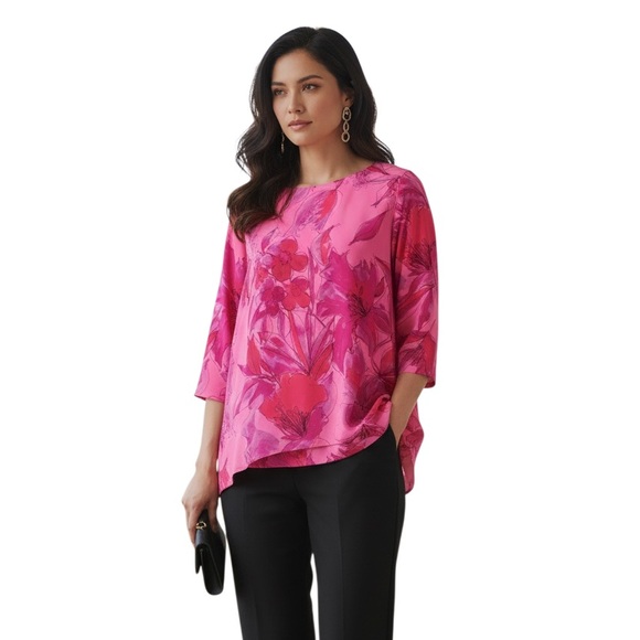 Caroline Rose Tropical Sunset Floral Print Scoop Neck 3/4 Sleeve Party Top XS